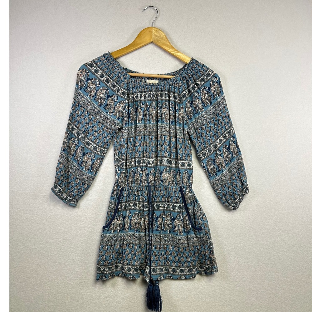 Band of Gypsies Blue Elephant Print Tassel Romper Shorts XS Boho Festival